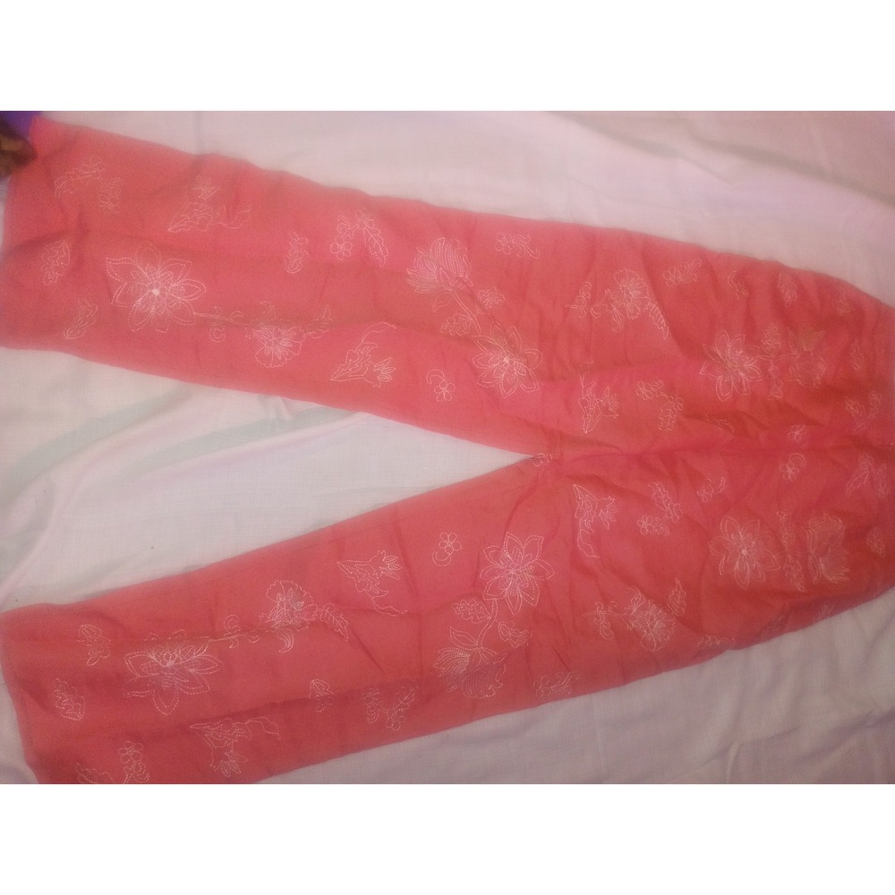 Susan Graver High Waisted Linen Blend Coral, Embroidered Pants Small 14in Waist